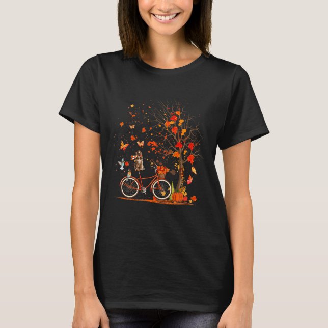 Cocker Spaniel Dog Pumpkin Bicycle Fall Leaves Tre T-Shirt (Front)