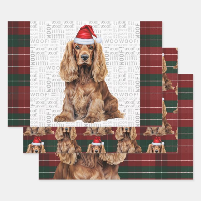 Cocker Spaniel Dog Red and Green Plaid Christmas Wrapping Paper Sheet (Set)