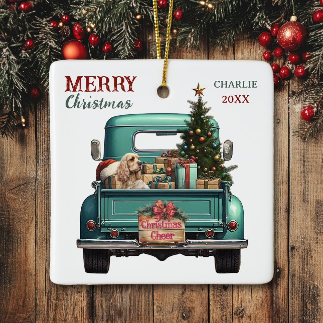 Cocker Spaniel Dog Retro Truck Christmas Ceramic Ornament (Creator Uploaded)