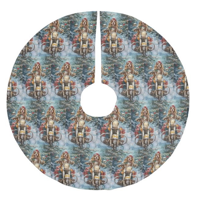 Cocker Spaniel Dog Riding Motorcycle Christmas  Brushed Polyester Tree Skirt (Front)