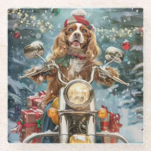 Cocker Spaniel Dog Riding Motorcycle Christmas Glass Coaster