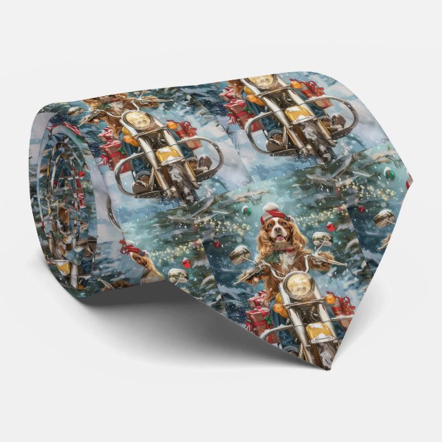 Cocker Spaniel Dog Riding Motorcycle Christmas  Tie (Rolled)