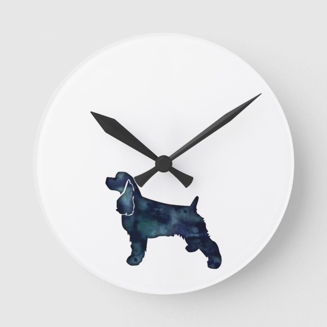 Cocker Spaniel Dog Silhouette Black Watercolor Round Clock (Front)