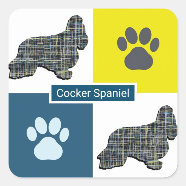 Cocker Spaniel Dog Silhouette & Paw Y&B Grid Square Sticker (Front)