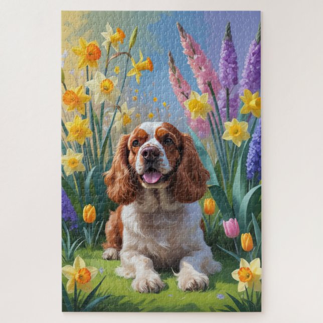 Cocker Spaniel Dog Spring Flowers Painting Jigsaw Puzzle (Vertical)
