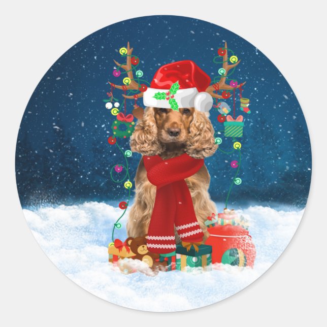 Cocker Spaniel dog with Christmas gifts  Classic Round Sticker (Front)