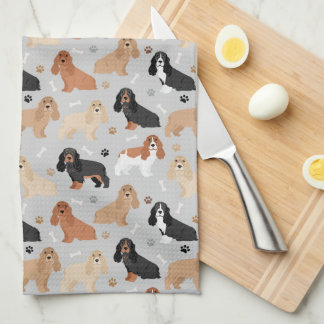 Cocker Spaniel Dogs Bones and Paws Grey Tea Towel