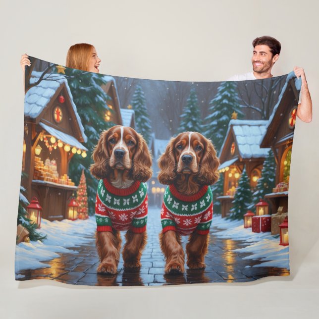 Cocker Spaniel Dogs Christmas Snow Holiday Fleece Blanket (In Situ)