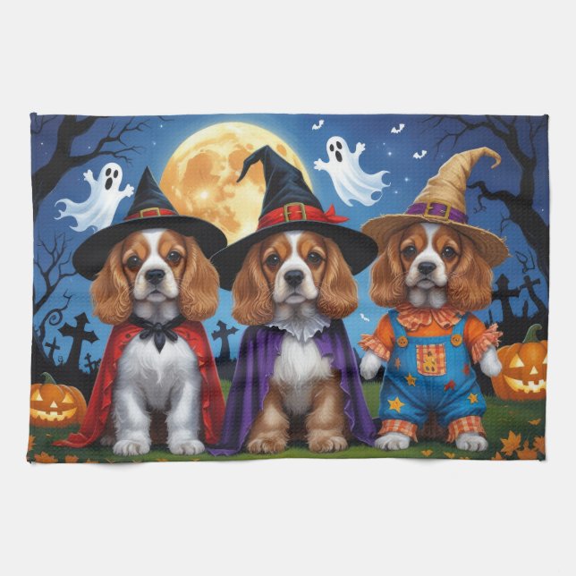 Cocker Spaniel Dogs Pumpkin Halloween Funny Tea Towel (Horizontal)