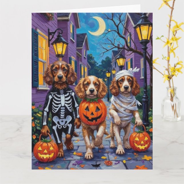 Cocker Spaniel Dogs Trick-or-Treating in Halloween Card (Yellow Flower)