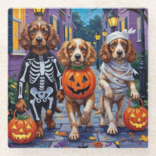 Cocker Spaniel Dogs Trick-or-Treating in Halloween Glass Coaster