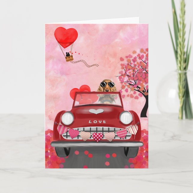Cocker Spaniel Driving Car with Hearts Valentine's Card (Front)