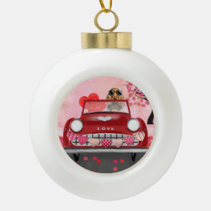 Cocker Spaniel Driving Car with Hearts Valentine's Ceramic Ball Christmas Ornament
