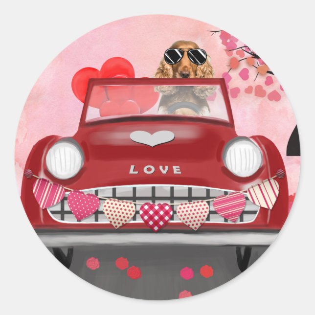 Cocker Spaniel Driving Car with Hearts Valentine's Classic Round Sticker (Front)