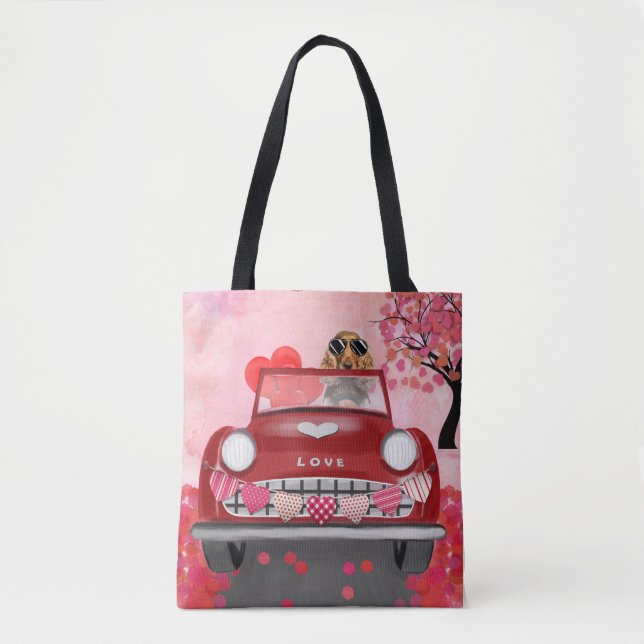 Cocker Spaniel Driving Car with Hearts Valentine's Tote Bag (Front)