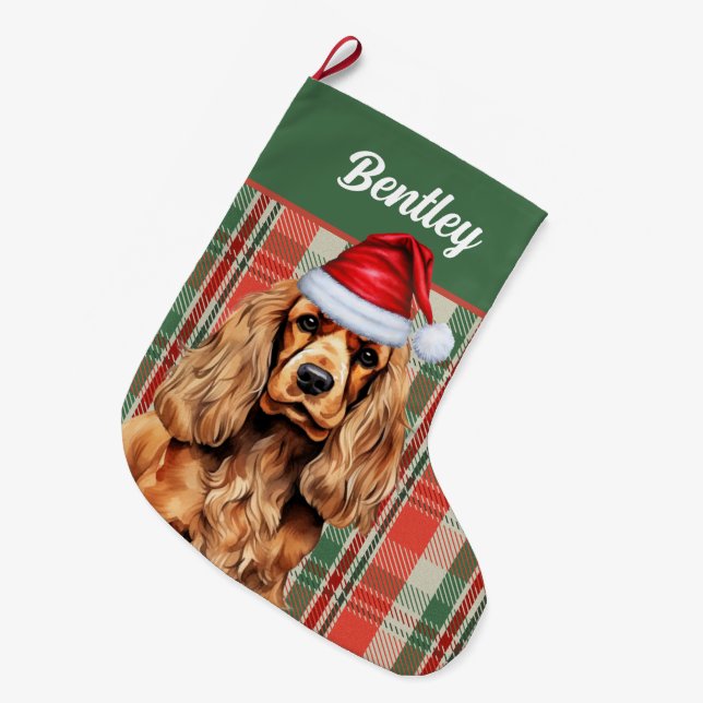 Cocker Spaniel Green and Red Plaid with Dog's Name Large Christmas Stocking (Front (Hanging))
