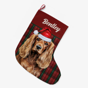 Cocker Spaniel Green and Red Plaid with Dog's Name Large Christmas Stocking