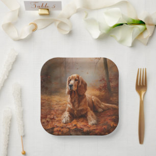 Cocker Spaniel in Autumn Leaves Fall Inspire Paper Plate