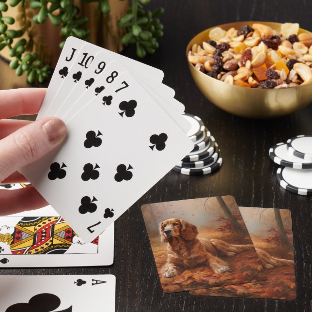 Cocker Spaniel in Autumn Leaves Fall Inspire Playing Cards (In Situ)