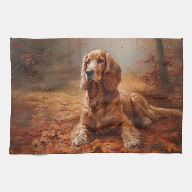 Cocker Spaniel in Autumn Leaves Fall Inspire Tea Towel (Horizontal)