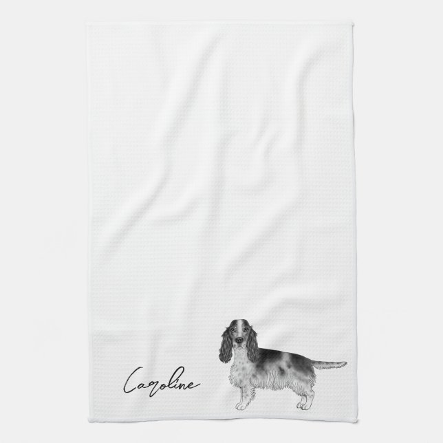 Cocker Spaniel In Black And White & Custom Text Tea Towel (Vertical)