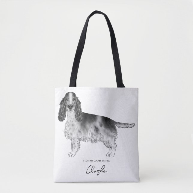 Cocker Spaniel In Black And White & Custom Text Tote Bag (Front)