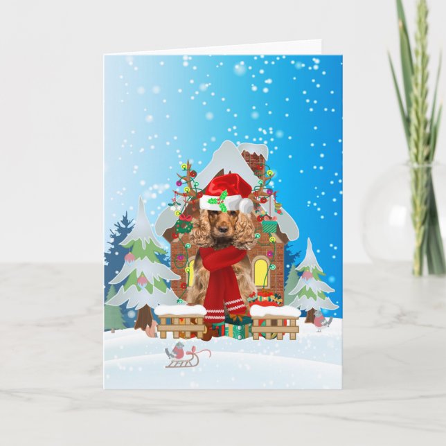 Cocker Spaniel in snow with Christmas gifts Card (Front)