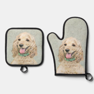 Cocker Spaniel Painting Buff Gold Original Dog Art Oven Mitt & Pot Holder Set