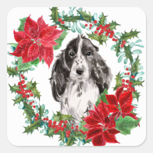 Cocker Spaniel Poinsettia Christmas Wreath Square Sticker