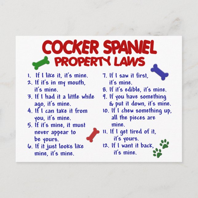 COCKER SPANIEL Property Laws 2 Postcard (Front)