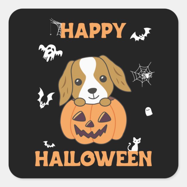 Cocker Spaniel Pumpkin Cute Dogs Happy Halloween S Square Sticker (Front)