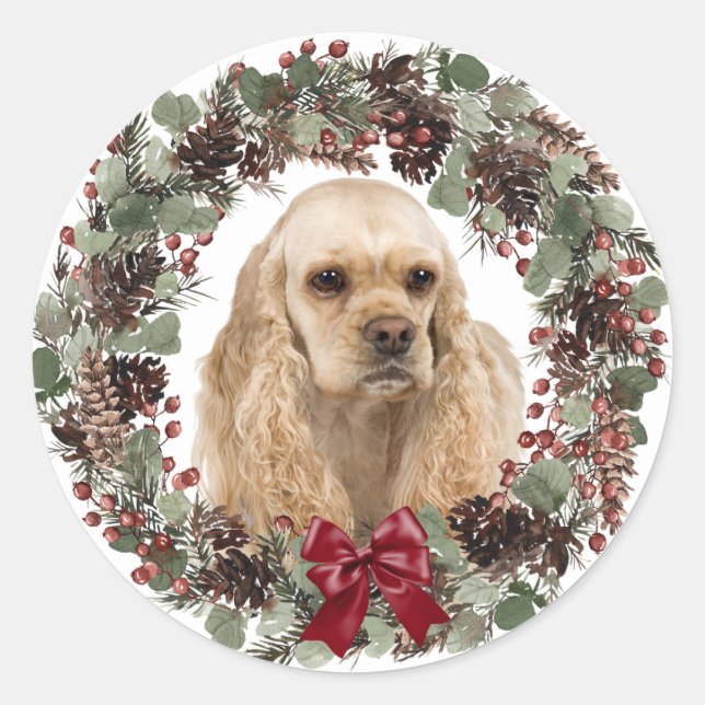 Cocker Spaniel Red Bow Pinecone Wreath Christmas Classic Round Sticker (Front)