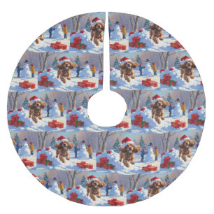 Cocker Spaniel Running in Snow with Christmas Hat Brushed Polyester Tree Skirt