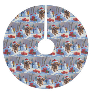 Cocker Spaniel Running in Snow with Christmas Hat Brushed Polyester Tree Skirt