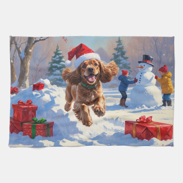 Cocker Spaniel Running in Snow with Christmas Hat Tea Towel (Horizontal)