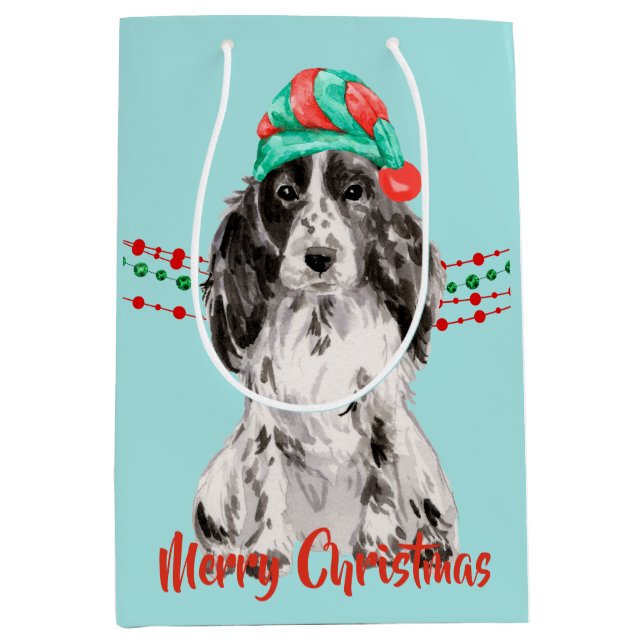Cocker Spaniel Santa Hat Holiday String Beads Medium Gift Bag (Front)