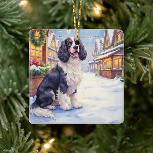Cocker Spaniel Snowy Village Christmas Art Ceramic Ornament (Tree)