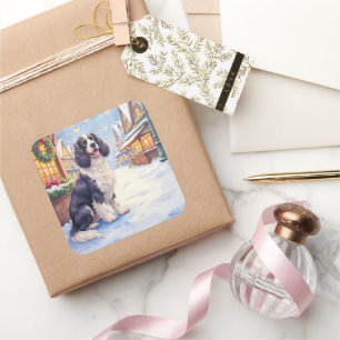 Cocker Spaniel Snowy Village Christmas Art Square Sticker