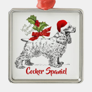 Cocker Spaniel w/Santa Cap Holly Christmas Metal Tree Decoration