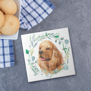 Cocker Spaniel Watercolor Wreath Ceramic Tile