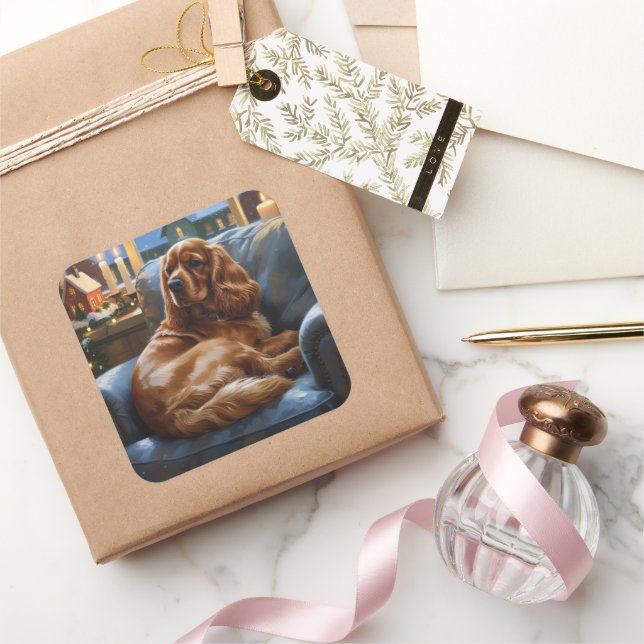 Cocker Spaniel with Christmas Lights Holiday Square Sticker (Gifting)