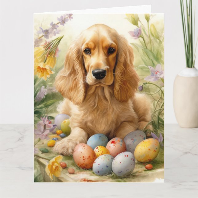 Cocker Spaniel with Easter Eggs Holiday  Card (Front)