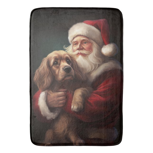 Cocker Spaniel With Santa Claus Festive Christmas Bath Mat (Front Vertical)
