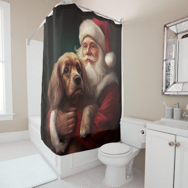 Cocker Spaniel With Santa Claus Festive Christmas Shower Curtain (In Situ)