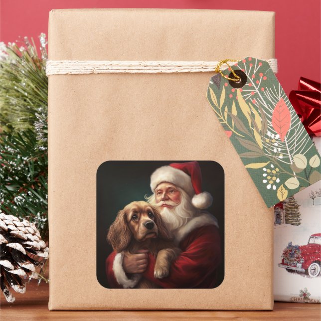 Cocker Spaniel With Santa Claus Festive Christmas Square Sticker (Holiday)