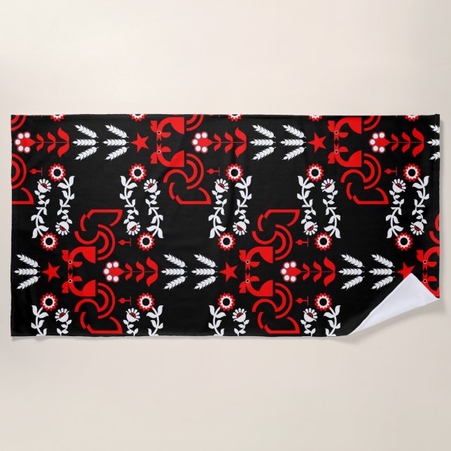 Cockerel Scandinavian Folk Art   Beach Towel (Front)