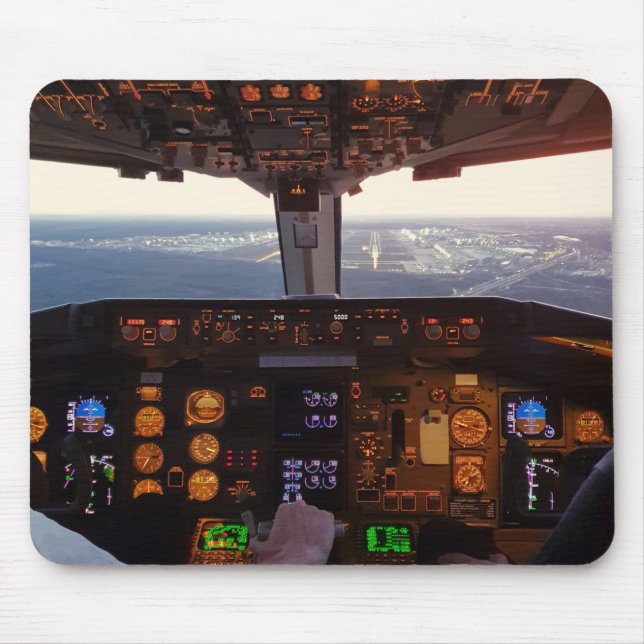 Cockpit view of commercial jet aeroplane landing o mouse pad (Front)