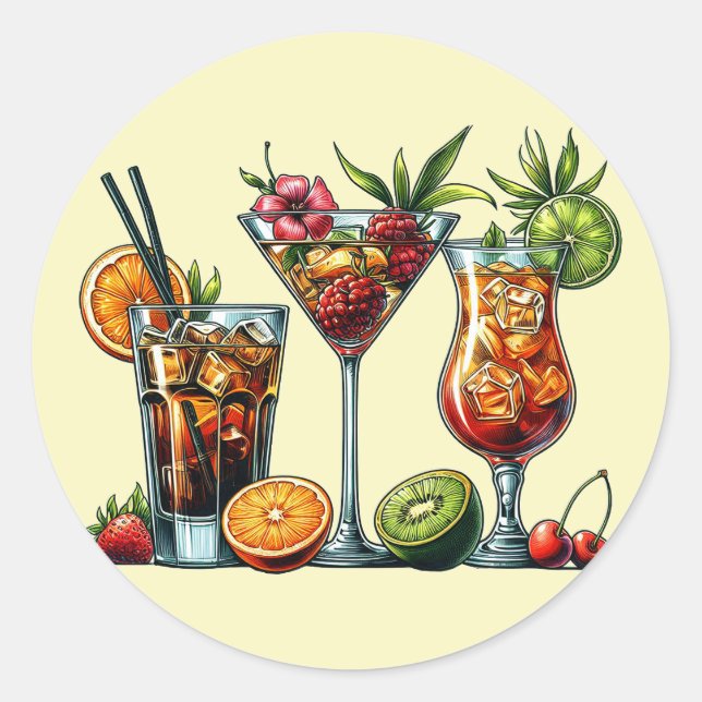 Cocktail alcoholic Drinks colour art illustrations Classic Round Sticker (Front)