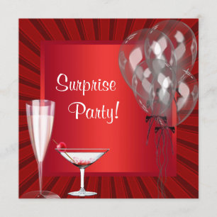 Cocktail Balloons Red Surprise Birthday Party Invitation