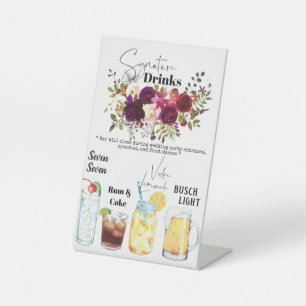 Cocktail Bar Menu Floral Watercolor Pedestal Sign